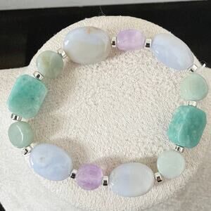 Second Bloom Studio Artisan Made Gemstone Stretch Bracelet 5.75" Blue Green Pink